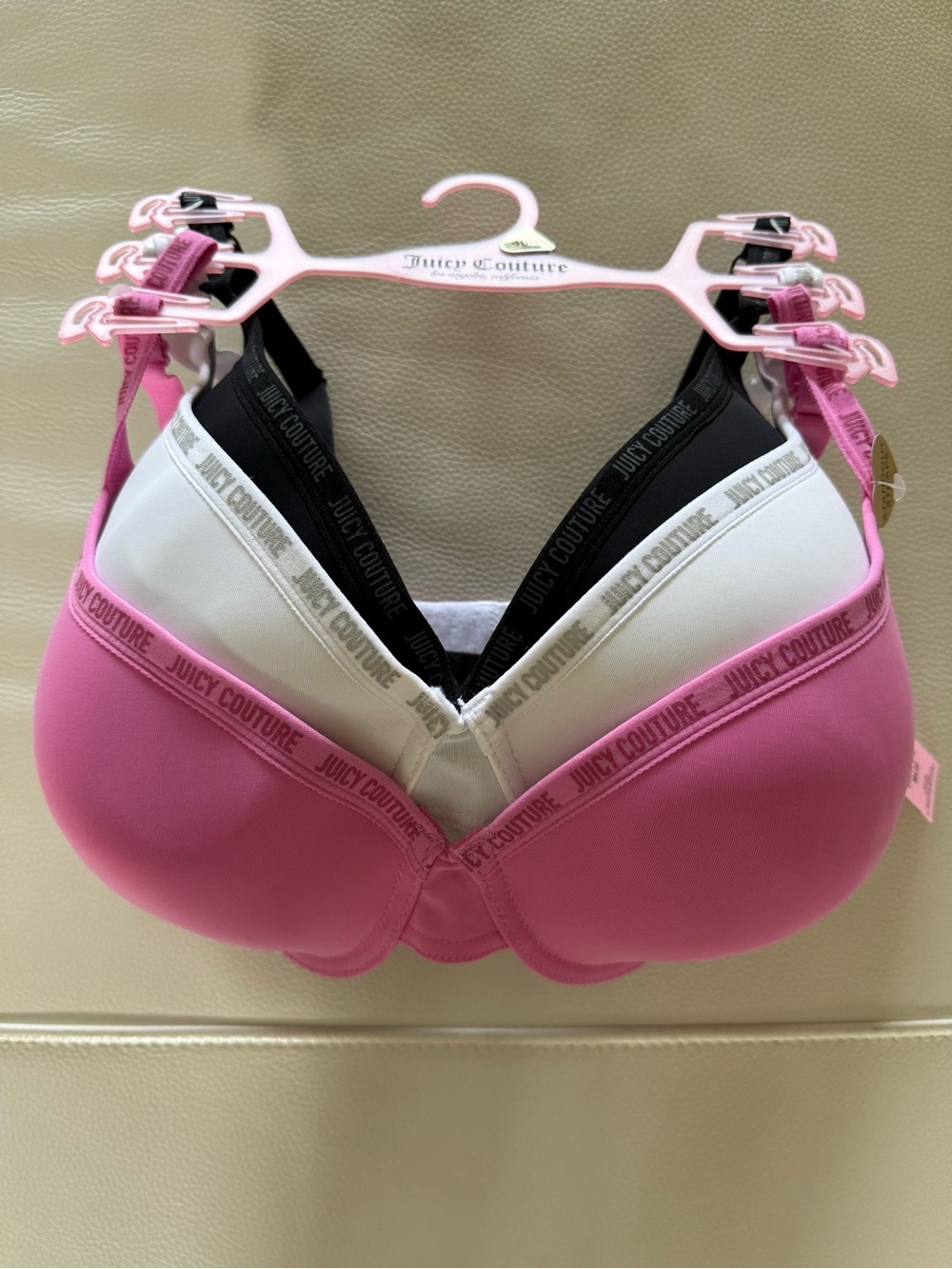 Juicy Couture 3-Pack Padded Comfort Underwire Bras in Pink, White & Black 40D